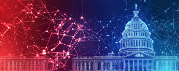An illustration of the Capitol surrounded by interconnected red and blue digital nodes, symbolizing the networked influence of technology on elections.