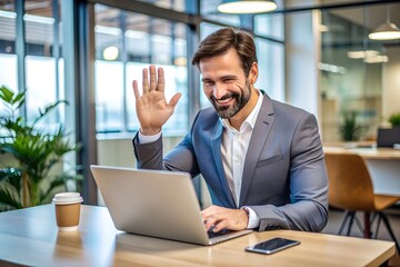 Happy entrepreneur waving during video call over laptop at corporate office.