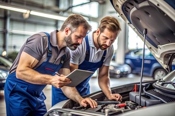 Auto mechanics using diagnostic tools while repairing car in a workshop.