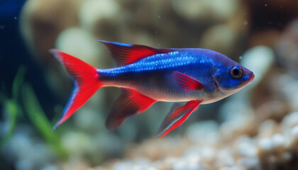 A small, vibrant fish with a striking neon blue stripe running along its side, contrasted