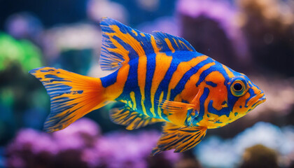 A small, vividly colored fish with a psychedelic pattern of bright blue, green, and orange stripes