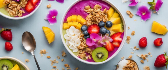 Wall Mural - A top-down view of colorful smoothie bowls made with tropical fruits like mango, dragon fruit