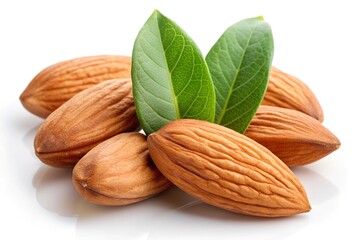 Close-up of almonds with leaves, isolated on white background