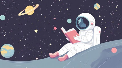 Poster - A cartoon astronaut sitting on the moon reading a book, AI