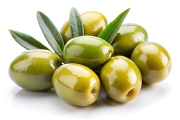 Delicious green olives with leaves, isolated on white background