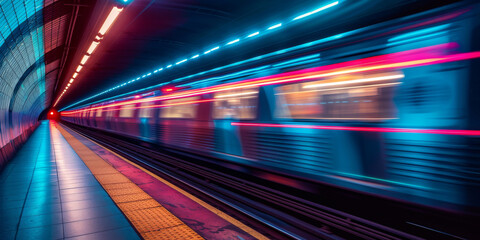 Underground station with high speed passing train with blurred light trails