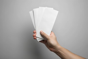 Hand holding two blank sheets of paper (tickets, flyers, invitations, coupons, banknotes, etc.), isolated on grey background