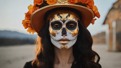 Portrait of woman with traditional la muerte makeup . Mexican festival Dia de los Muertos. Halloween