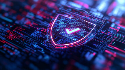 Wall Mural - rusty shield with a neon checkmark embedded in the middle, surrounded by lines of code, representing