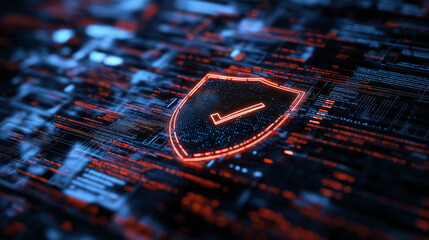 Wall Mural - a shield with rusted edges, glowing with a digital checkmark at its core, set against a matrix of co