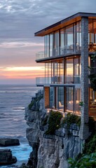 Luxurious modern coastal home on dramatic ocean cliff with panoramic views and natural materials