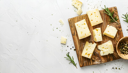 Wooden board with tasty cheese on white table background