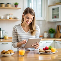 Young woman looking for recipe on digital tablet while making breakfast at home.