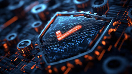 Wall Mural - a shield made of rusty gears with a digital checkmark hovering in front, representing the precision 