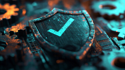 Wall Mural - a shield made of rusty gears with a digital checkmark hovering in front, representing the precision 