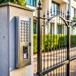 © Tekin - Intercom on a gate in front of residential building.