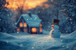 © BetterPhoto - Snowman standing in a snowy landscape with a cozy house in the background during twilight, surrounded by falling snowflakes and warm lights. Festive winter scene with a friendly snowman.