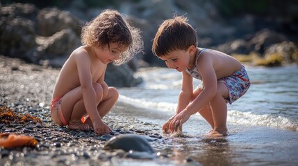 Wall Mural - Happy Kids Playing on a Beach with Sand and Sea