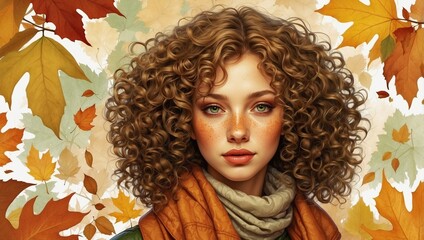 Canvas Print - A close-up portrait of a beautiful young woman with curly hair and freckles on a background of colorful leaves. Autumn holiday card, banner.