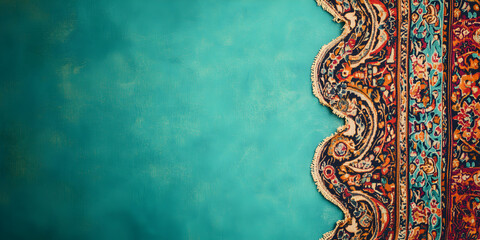 Bohemian tapestry web banner. Colorful tapestry pattern on turquoise background with copy space.