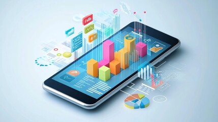 Application of a smartphone showing business graphs and analytics data on an isometric mobile phone Concept of analyzing trends and the software development coding process including