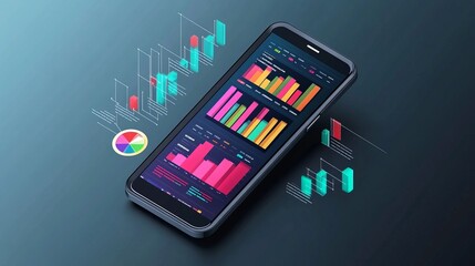 Application of a smartphone showing business graphs and analytics data on an isometric mobile phone Concept of analyzing trends and the software development coding process including