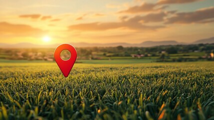 Green field at sunset with a large red location pin marking the destination Concept of goal dream achievement picnic and victory Mixed media