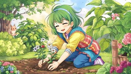 Anime-Style Young Girl Planting Flowers in a Vibrant Garden