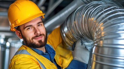 Poster - A man in a yellow hard hat is working on the duct, AI