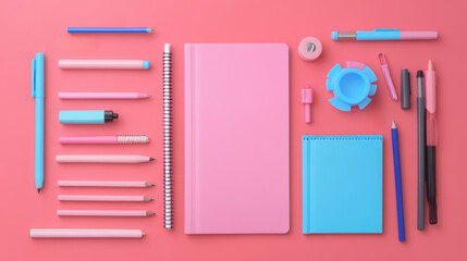 Poster - A pink notebook and pencils are arranged on a red surface, AI