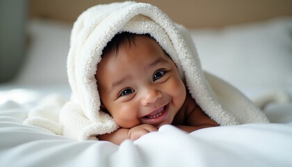 portrait of a happy african american baby wrapped in a cozy white towel.