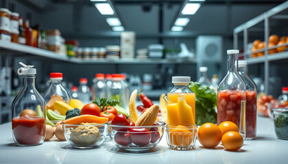 Chemical Laboratory of the Food supply . Food in laboratory, dna modify .GMO Genetically modified food in lab isolated with white highlights, png