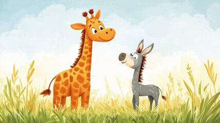 Canvas Print - A cartoon giraffe and donkey standing in a field of tall grass, AI