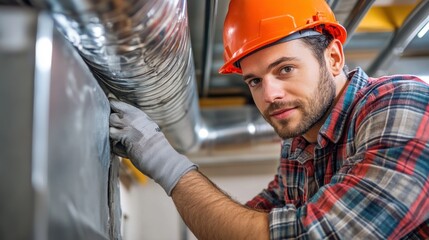 Sticker - A man in an orange hard hat is working on a pipe, AI