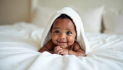 Portrait of a happy African American baby wrapped in a cozy white towel.






