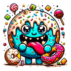 Wall Mural - A cute yet mischievous monster with a donut body, sprinkles, and frosting as it features a vector art illustration image on a white background. 
