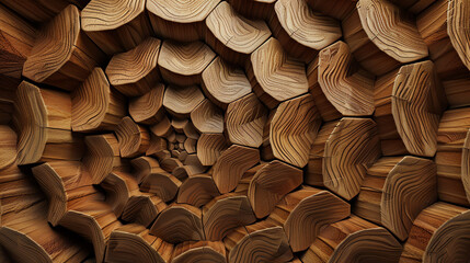 A spiral pattern made from wooden pieces. It looks like a 3D design.