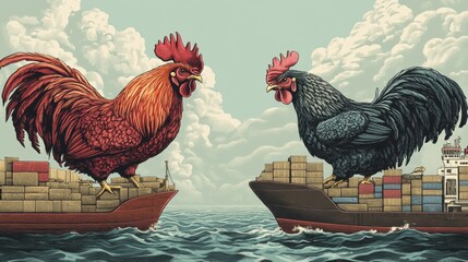 Wall Mural - Two roosters on a boat with boxes stacked in the water, AI