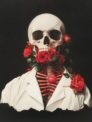 A striking skeleton adorned with roses, combining themes of life and death