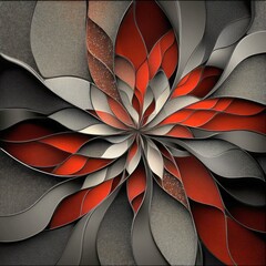 Close-up illustration on the details of fantastic floral designs in red, gray and white - pattern, texture, shape, color