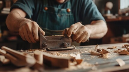 Wall Mural - A man using a hand held power tool to cut wood, AI