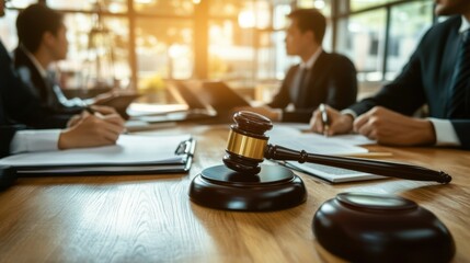 Wall Mural - A wooden gavel sitting on a table next to some papers, AI