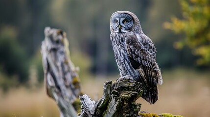majestic bird of prey great grey owl sitting on an old dead tree