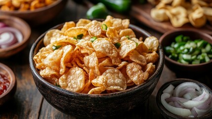 Wall Mural - Brazilian pork rinds, restaurant cuisine, served buffet style with onions and other vegetables