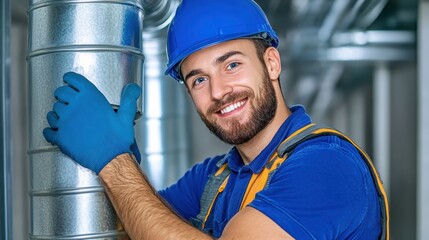 Sticker - A man in blue hard hat and safety gear smiling next to a metal pipe, AI