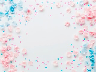 Gender Reveal and Baby Shower Invitation Frame with Blue and Pink Petals and Confetti with white copy space background