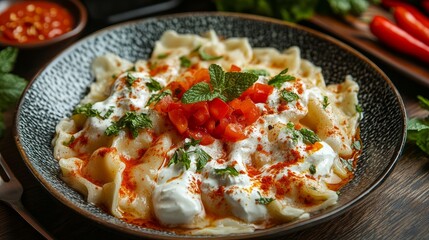 Wall Mural - Turkish Manti flavored with yogurt, mint, tomato sauce, and red pepper. Typical Turkish cuisine on a plate