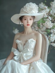 Wall Mural - Studio shot of a woman with long black hair, wearing a white hat and makeup, highlighting her delicate skin and refined beauty.