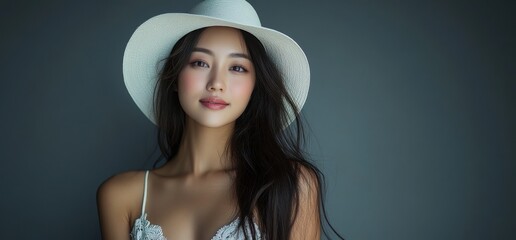 Wall Mural - Studio shot of a woman with long black hair, wearing a white hat and makeup, highlighting her delicate skin and refined beauty.