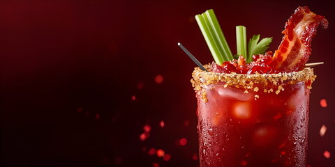 Spicy Bloody Mary cocktail with celery and bacon garnish on dark red background, closeup of glass rim with seasoned salt